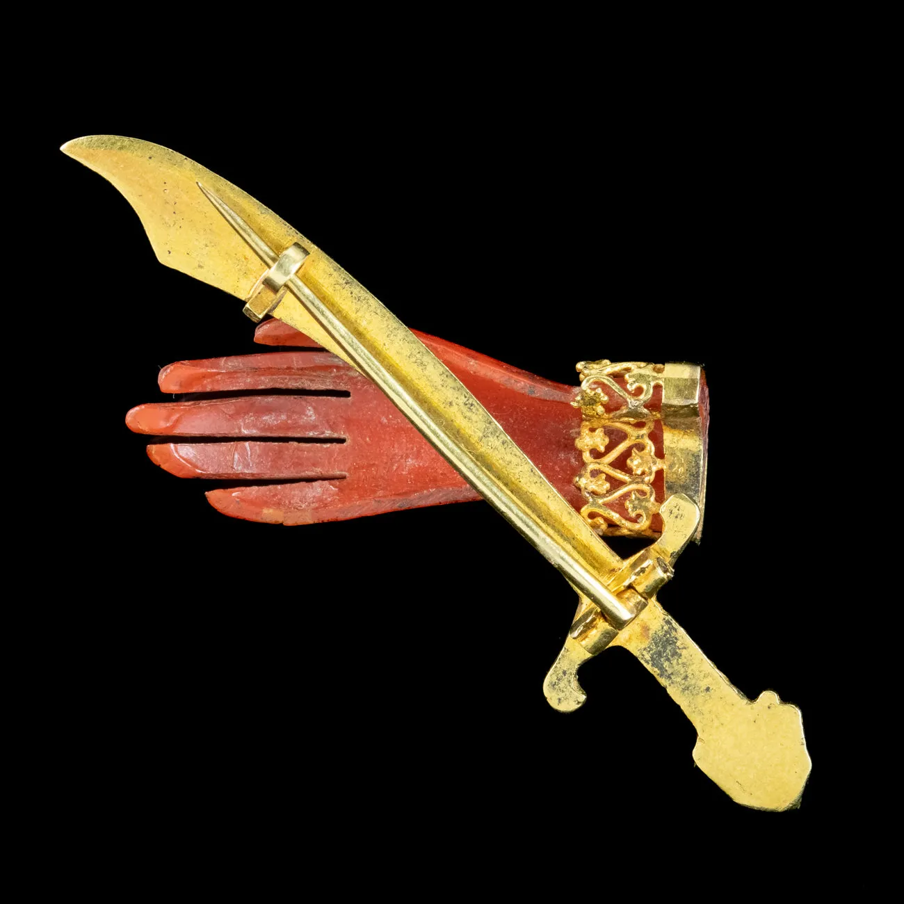 Antique Victorian Coral Hand And Scimitar Brooch 18ct Gold