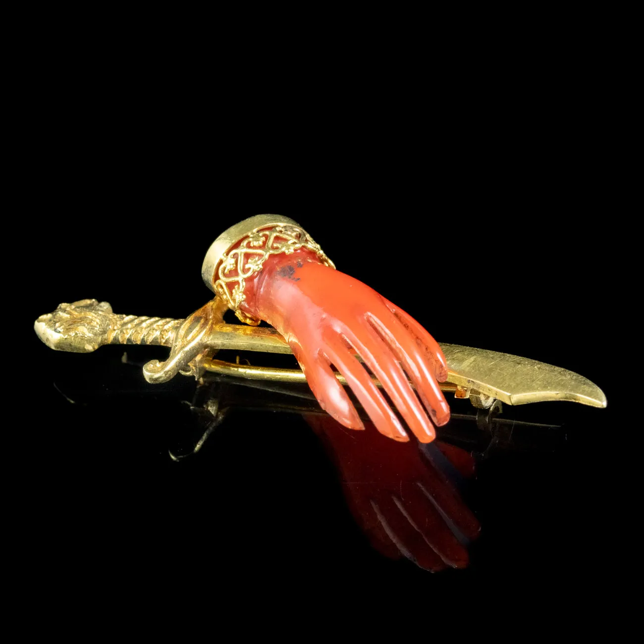 Antique Victorian Coral Hand And Scimitar Brooch 18ct Gold