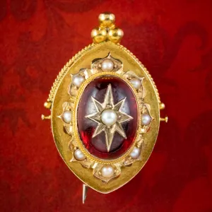 Antique Victorian Etruscan Revival Garnet Pearl Star Brooch 18ct Gold