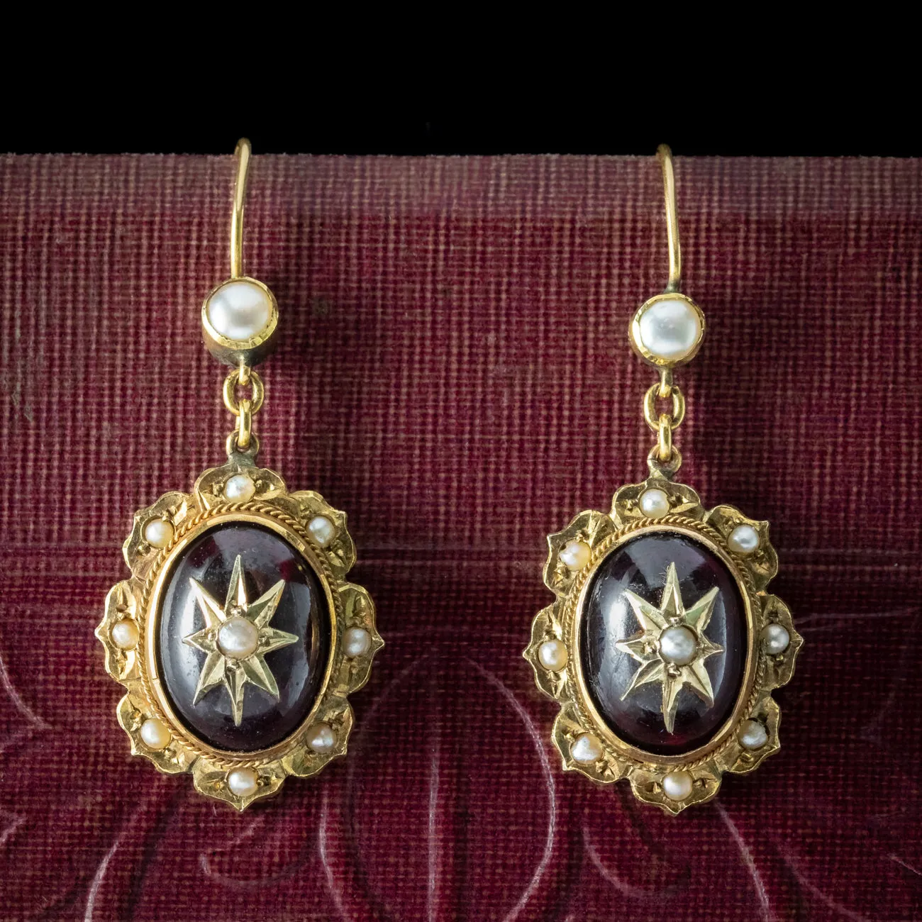 Antique Victorian Etruscan Revival Garnet Pearl Star Earrings 18ct Gold