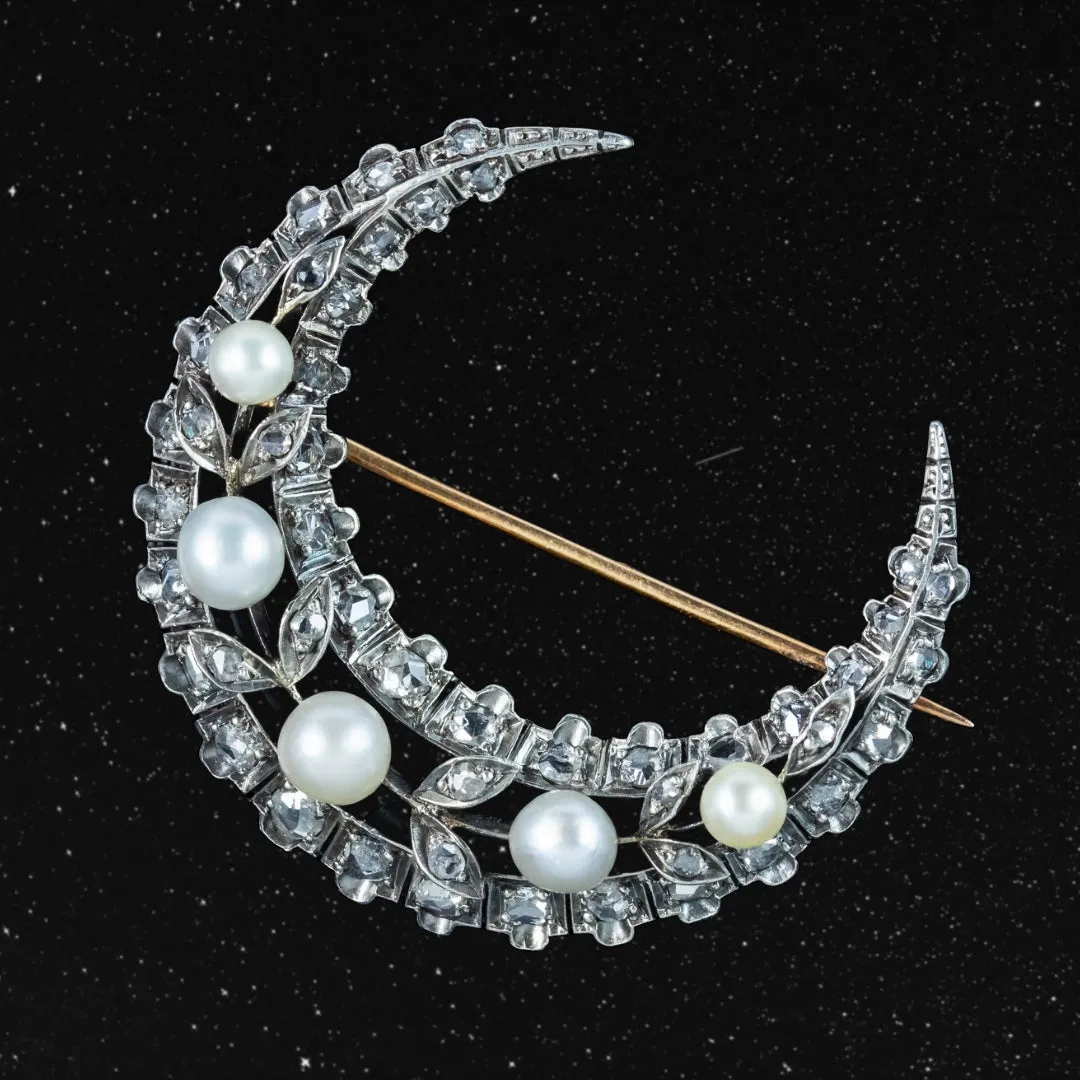 Antique Victorian French Pearl Diamond Crescent Moon Brooch