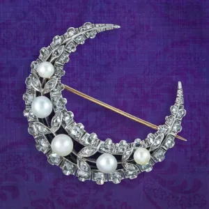 Antique Victorian French Pearl Diamond Crescent Moon Brooch