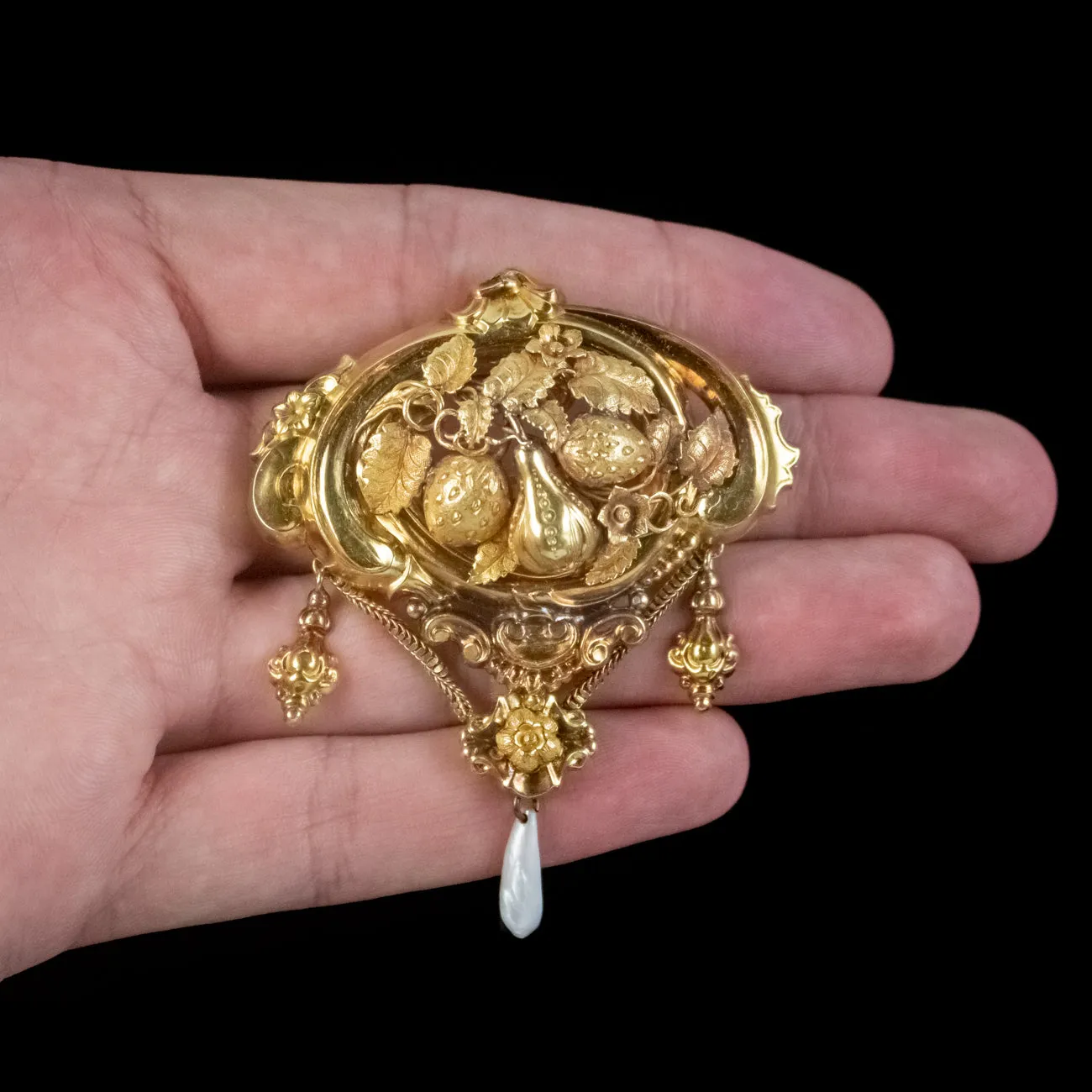 Antique Victorian Fruit Brooch 18ct Gold Pearl Dropper