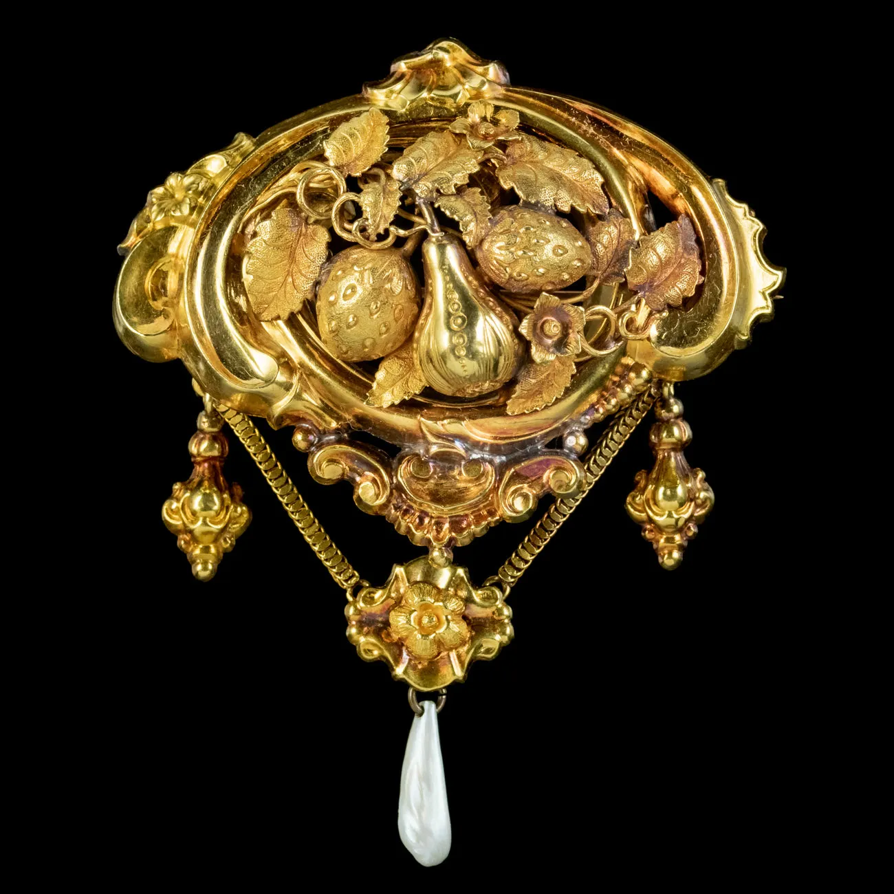 Antique Victorian Fruit Brooch 18ct Gold Pearl Dropper