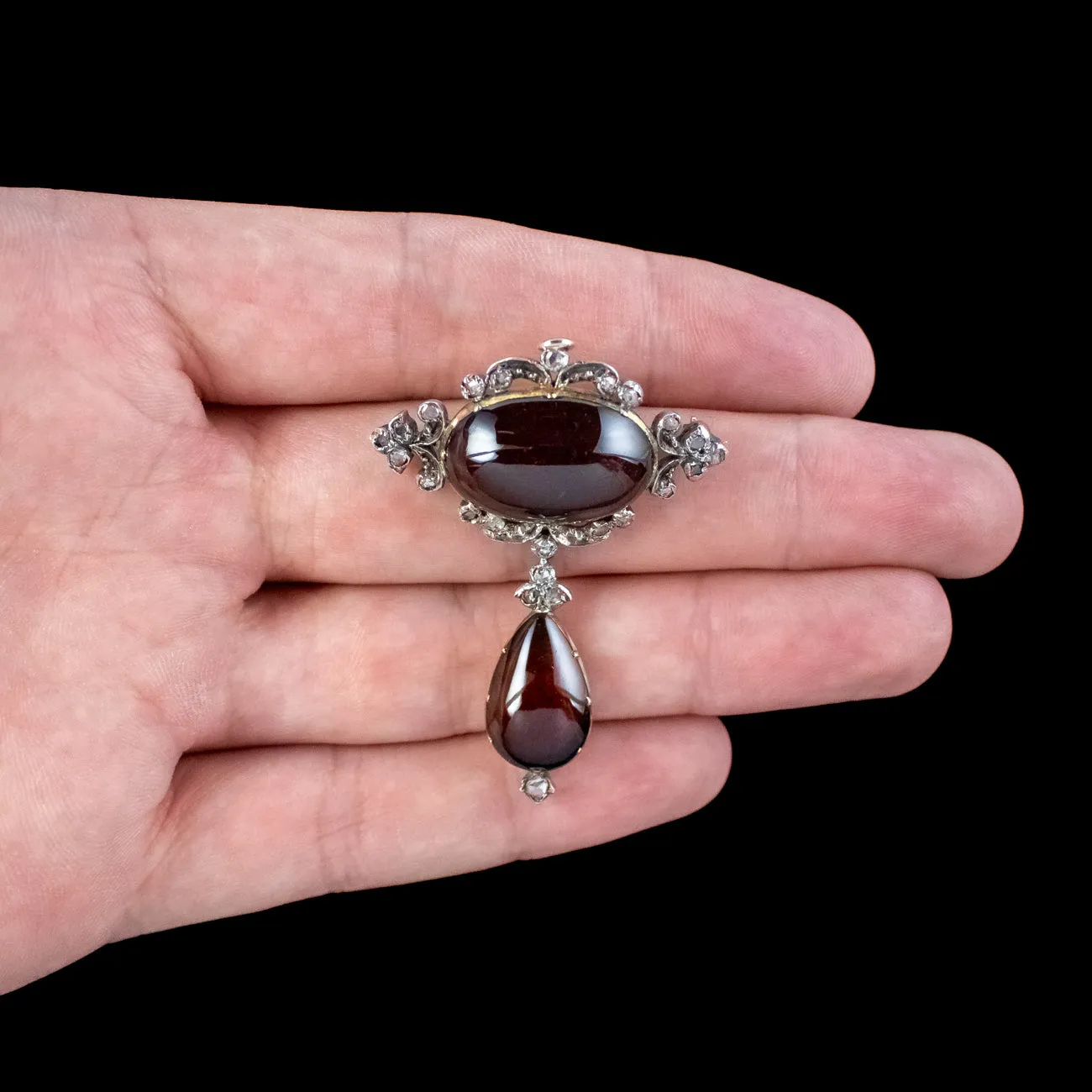 Antique Victorian Garnet Diamond Brooch And Earrings Suite With Box