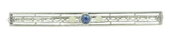 Art Deco Filigree Sapphire and Pearls Long Antique Brooch in 14 Karat White Gold