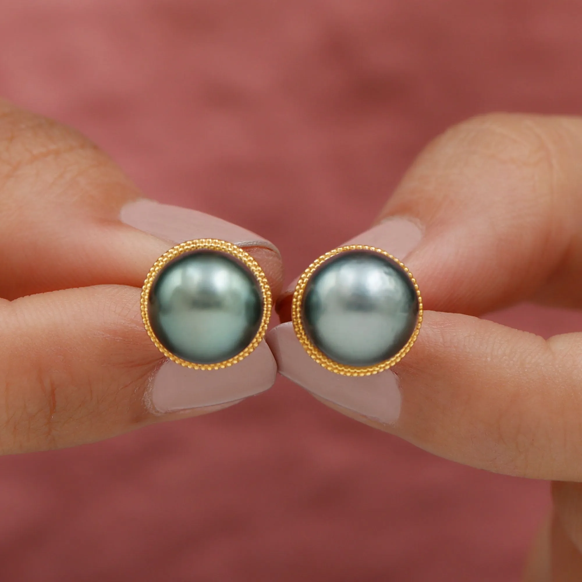 Beaded Bezel Set Tahitian Pearl Solitaire Gold Stud Earring