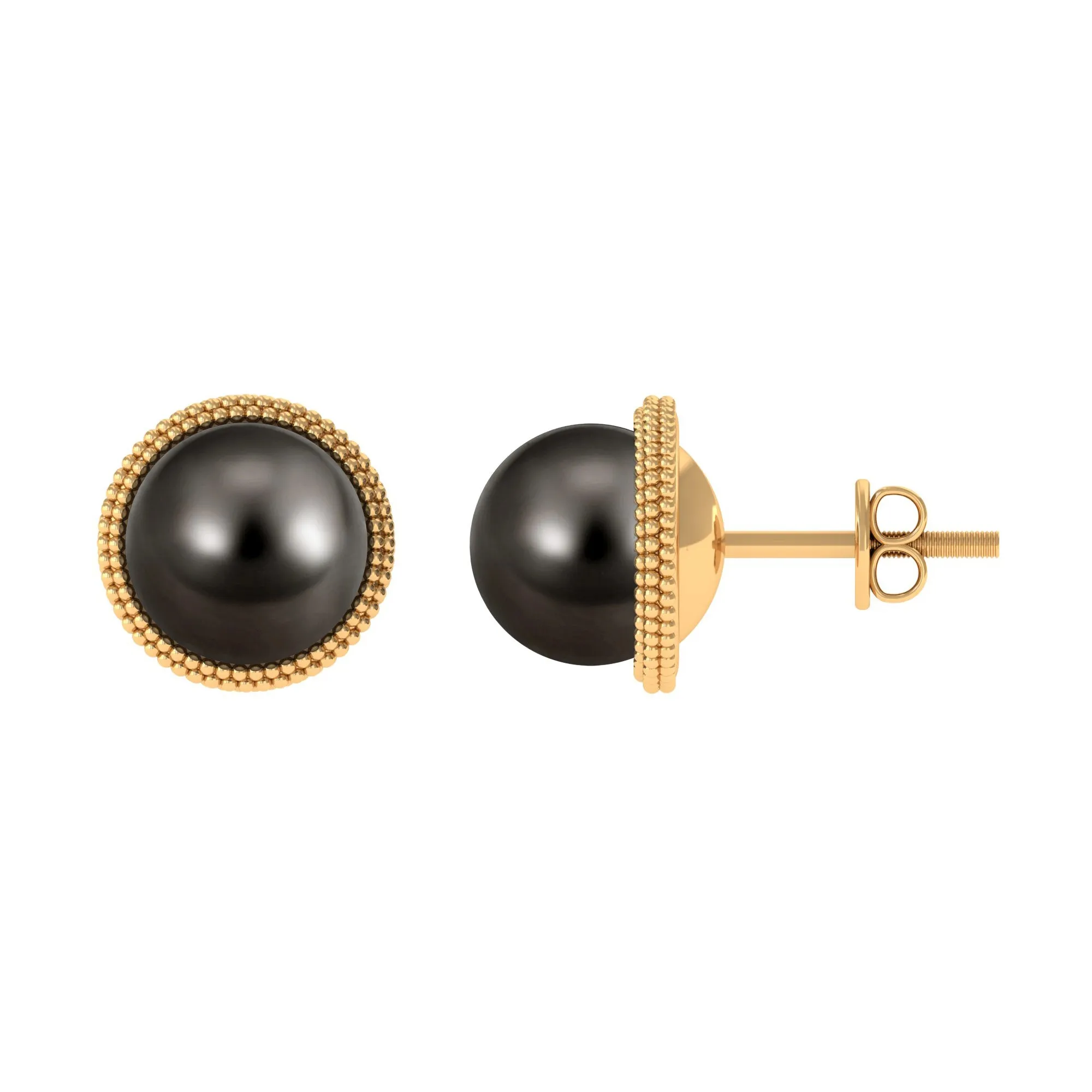 Beaded Bezel Set Tahitian Pearl Solitaire Gold Stud Earring