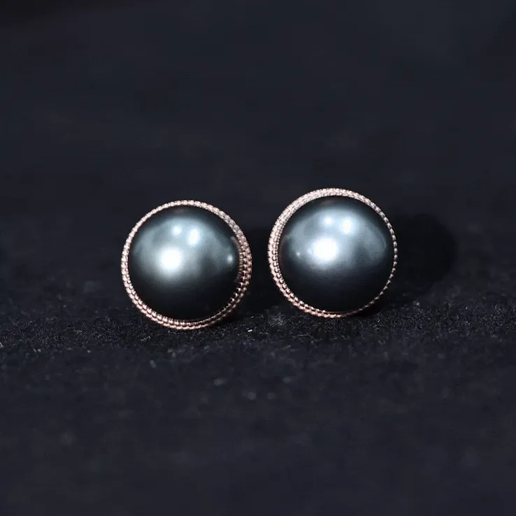 Beaded Bezel Set Tahitian Pearl Solitaire Gold Stud Earring