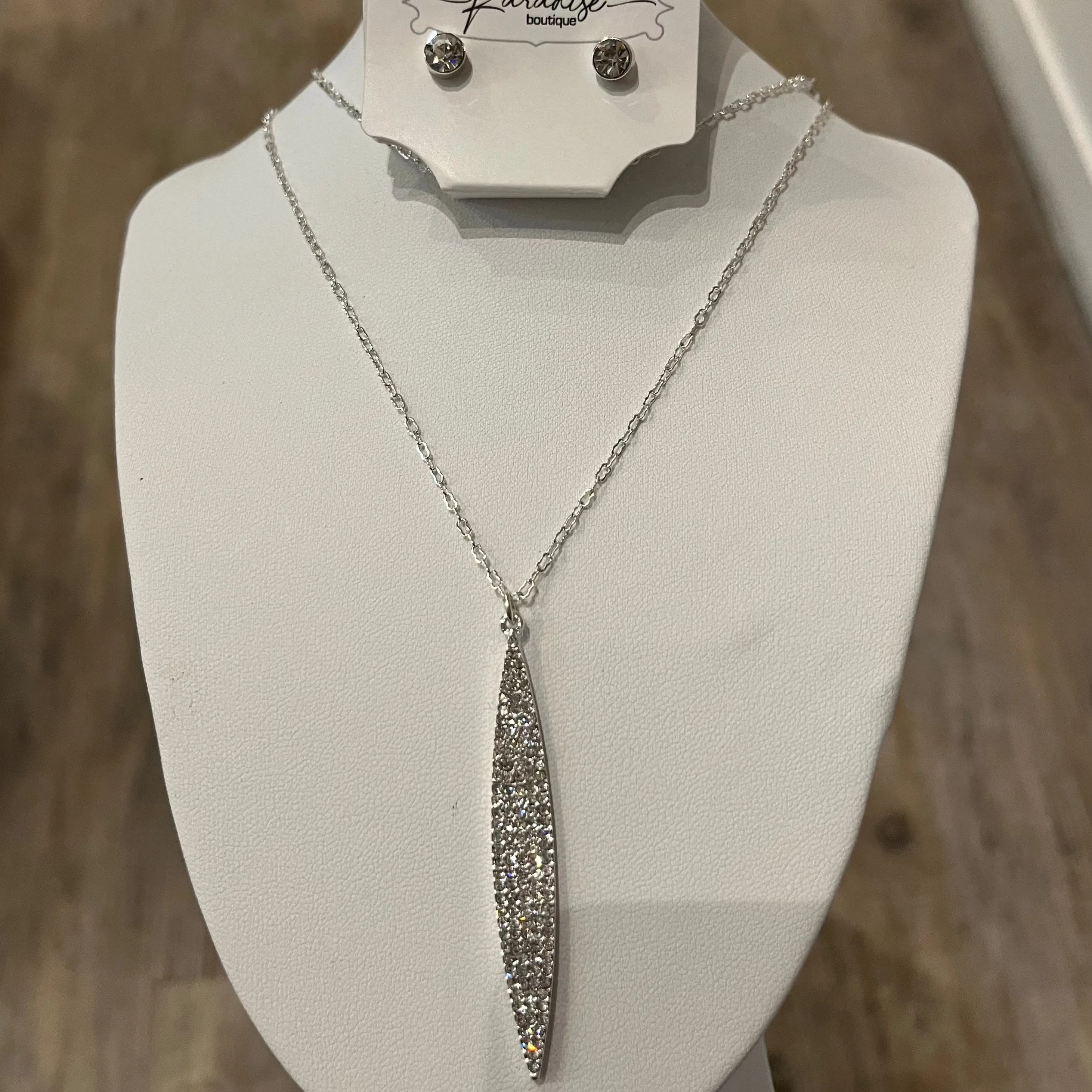 Bling Bling Silver Rhinestone Pendant Necklace & Earring Set