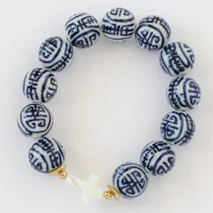 Blue & White Chinoiserie Porcelain Bead and Mother of Pearl Cross Bracelet