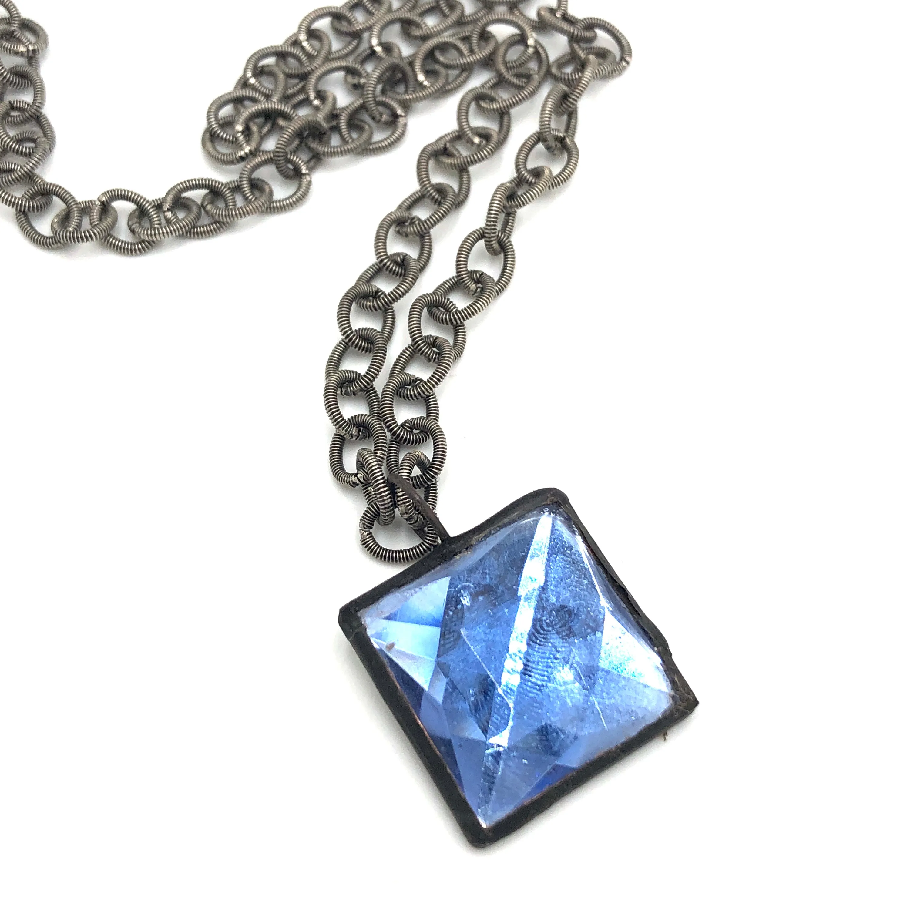 Blue Bling Square Gun Metal Layering Necklace