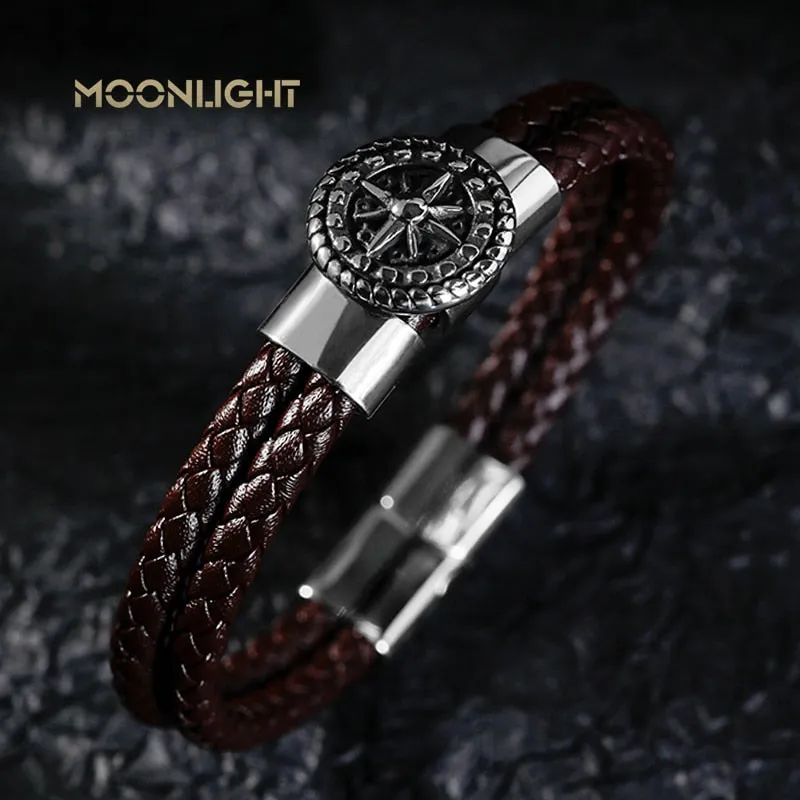 Braided Leather Ship's Wheel Luxury Stainless Steel Bracelet