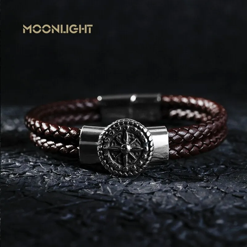 Braided Leather Ship's Wheel Luxury Stainless Steel Bracelet