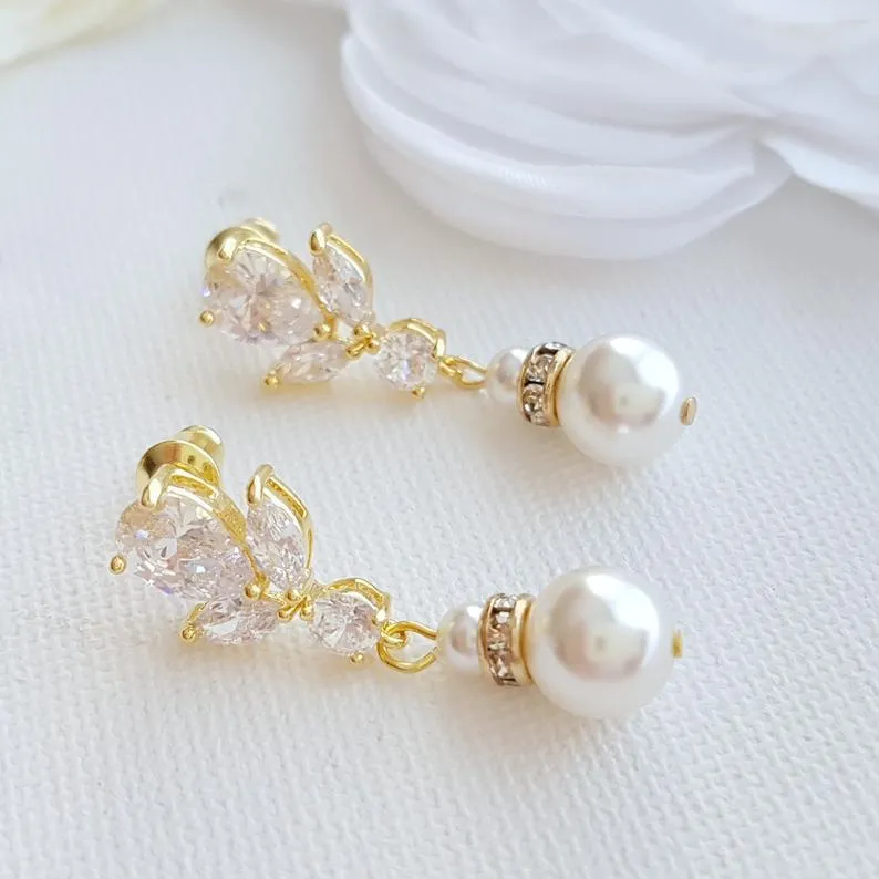 Bridal Earrings in Rose Gold and Pearl Drops-Nicole