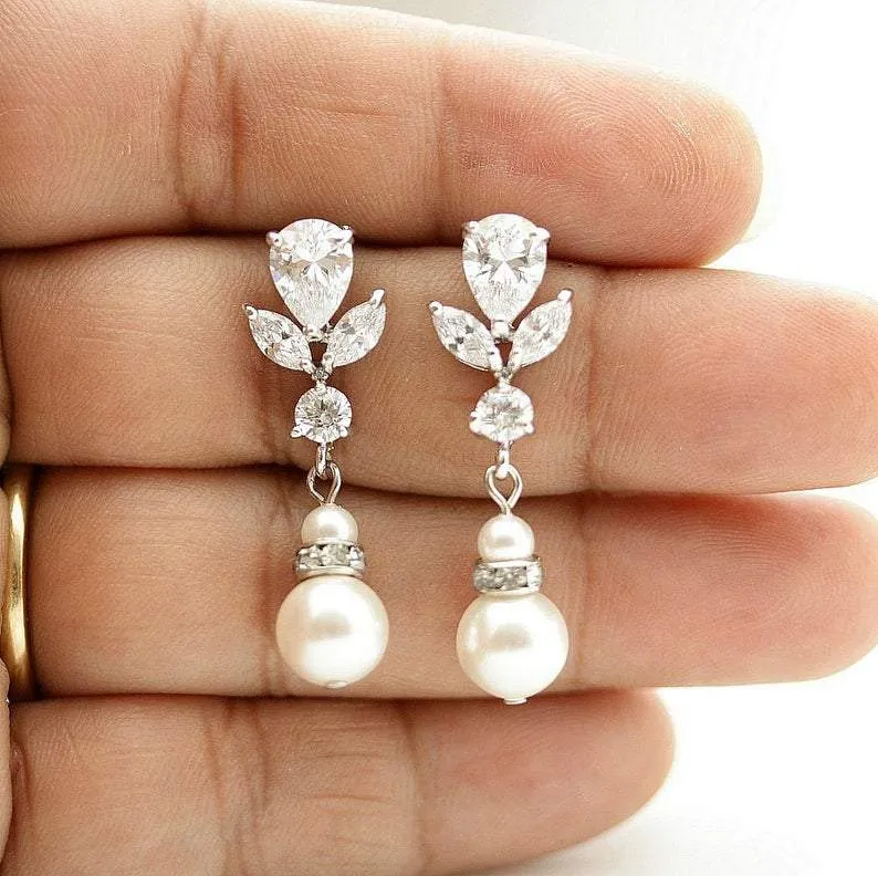 Bridal Earrings in Rose Gold and Pearl Drops-Nicole