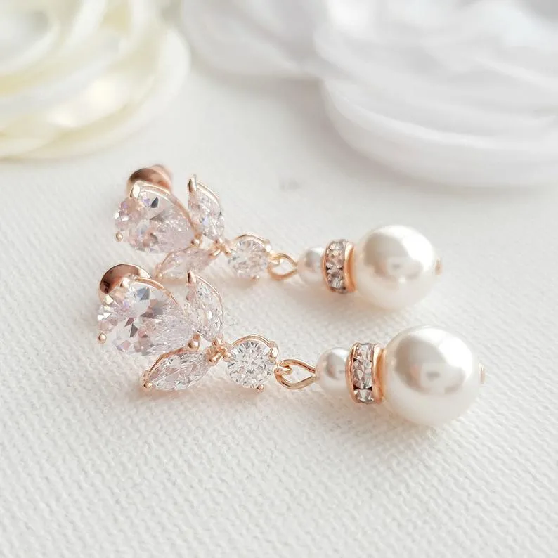 Bridal Earrings in Rose Gold and Pearl Drops-Nicole