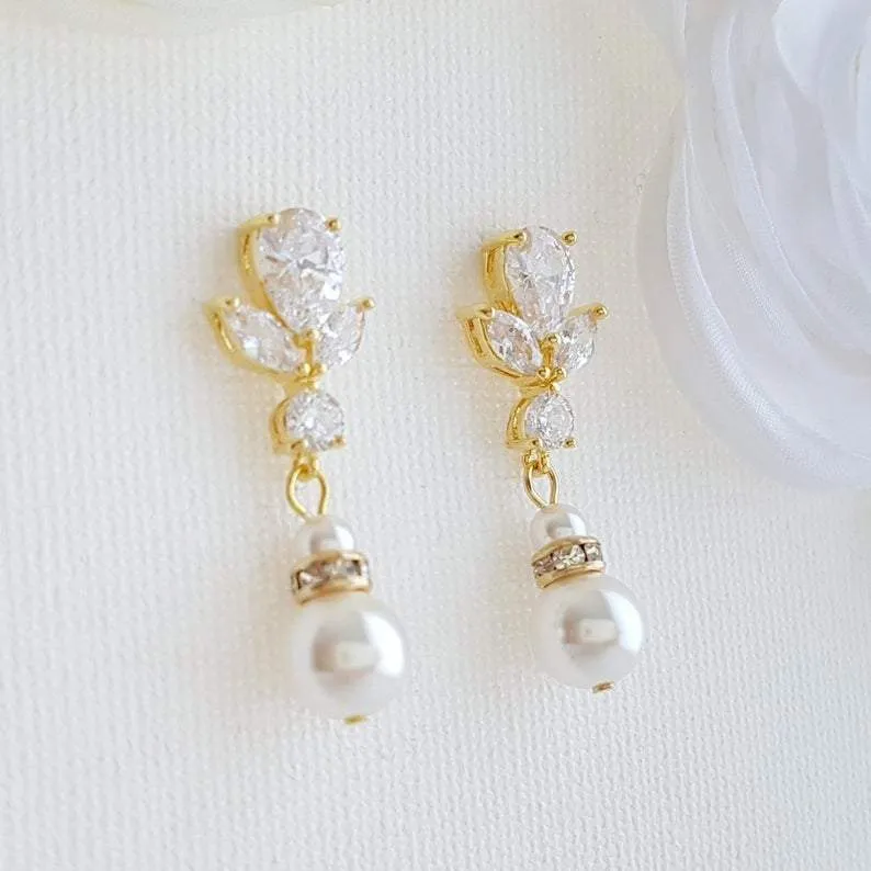 Bridal Earrings in Rose Gold and Pearl Drops-Nicole