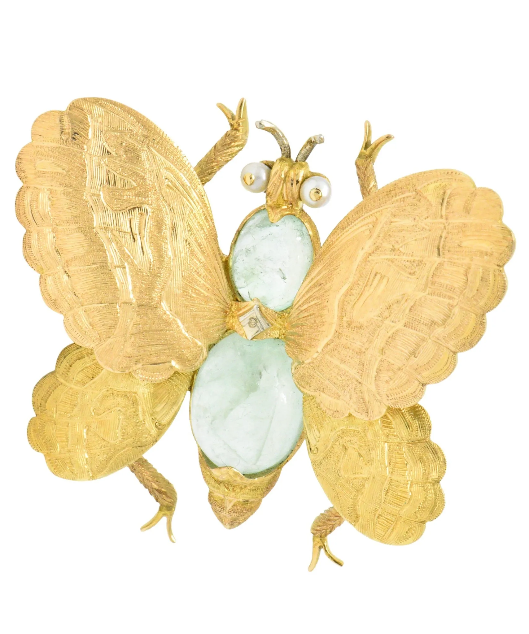 Buccellati 1960's 4.00 CTW Emerald Seed Pearl 18 Karat Gold Butterfly Brooch