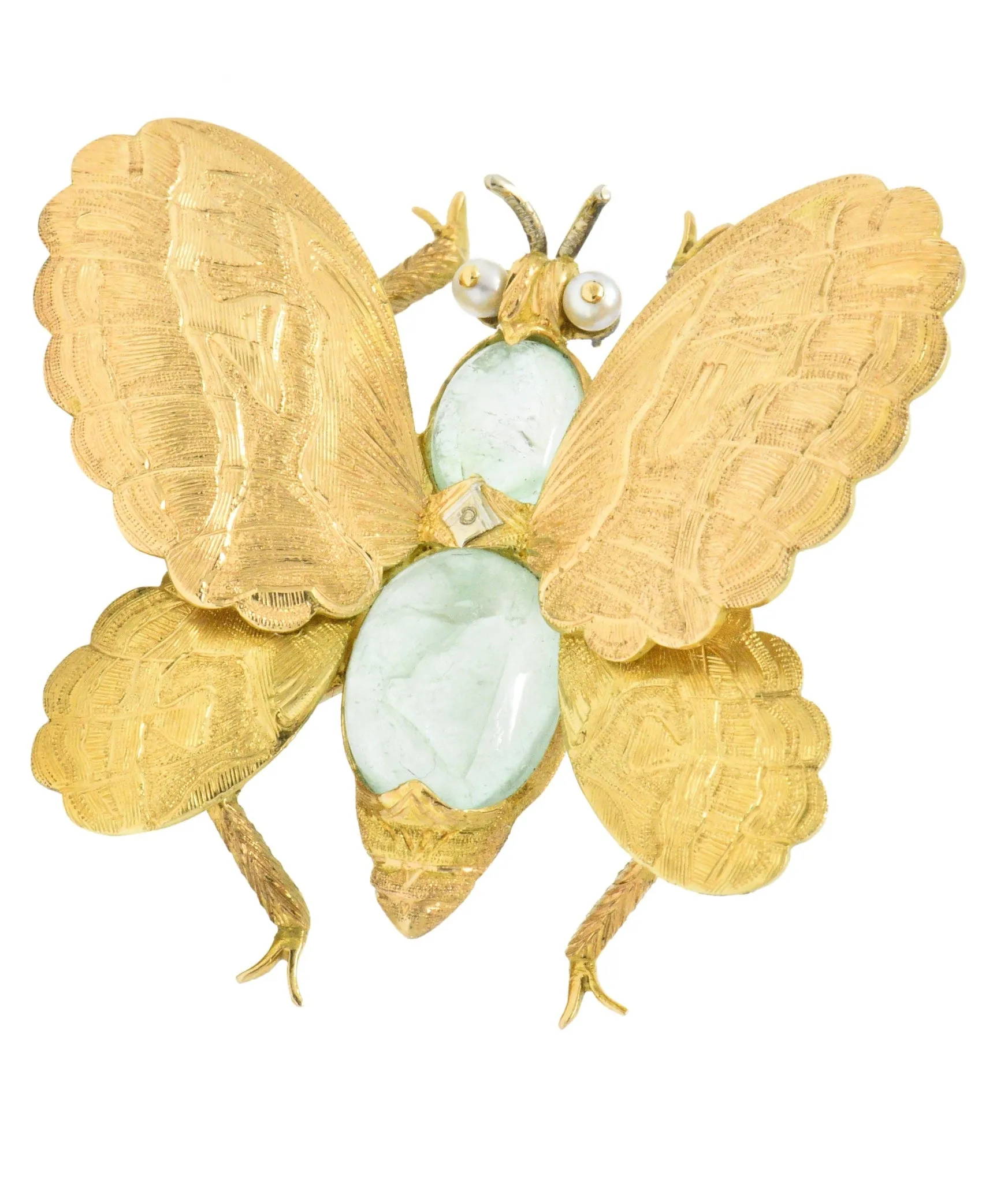 Buccellati 1960's 4.00 CTW Emerald Seed Pearl 18 Karat Gold Butterfly Brooch