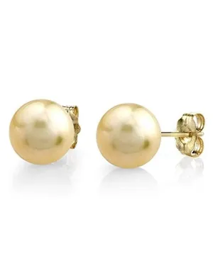 Champagne Golden South Sea Round Pearl Stud Earrings - AAAA