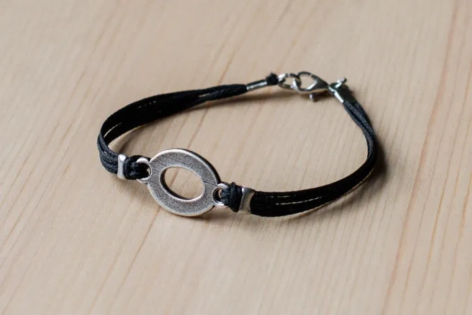 Charm circle bracelet for men, silver oval charm, black cord, handmade gift for boyfriend