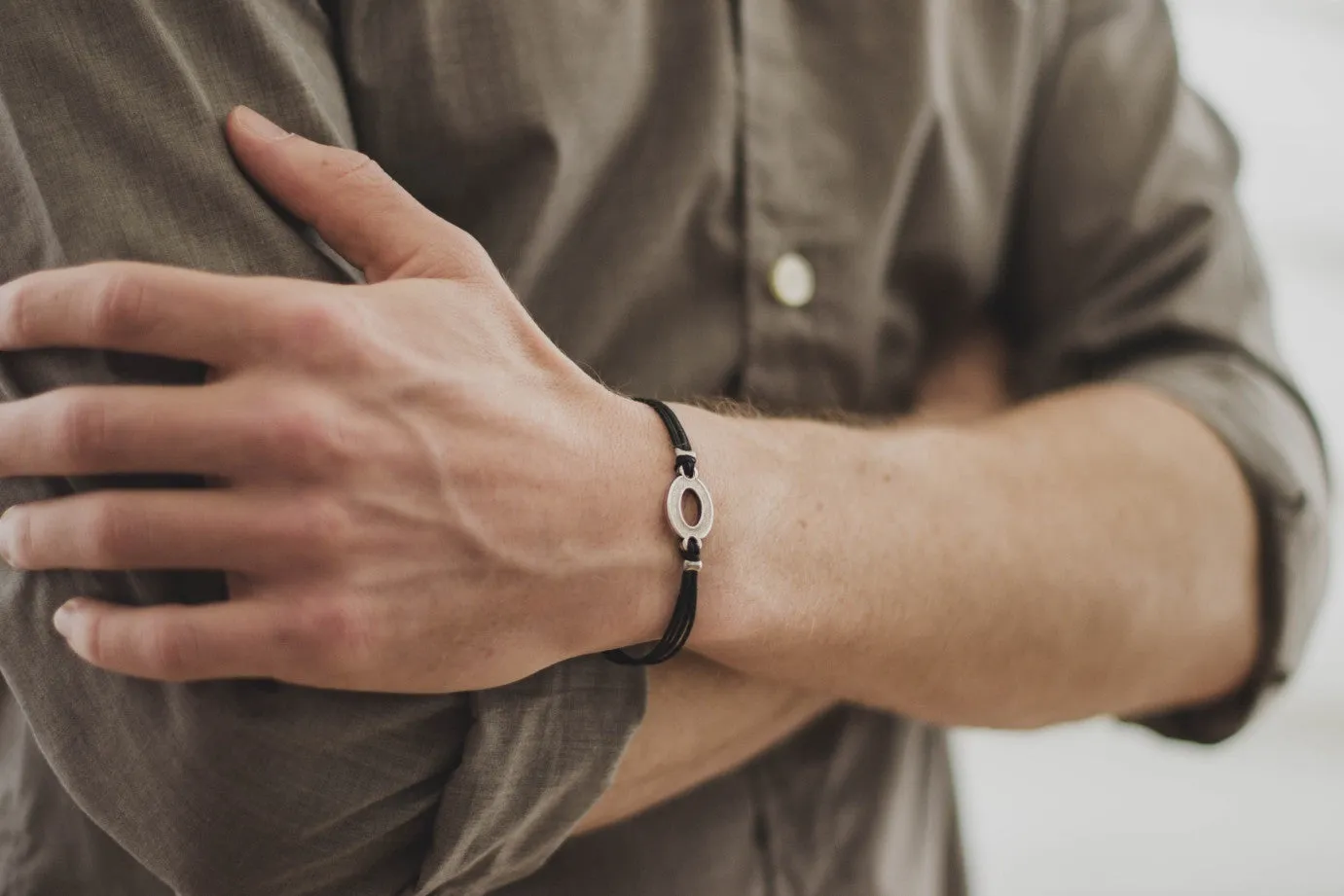 Charm circle bracelet for men, silver oval charm, black cord, handmade gift for boyfriend