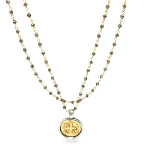 Coin in Gold on Pyrite Long Necklace