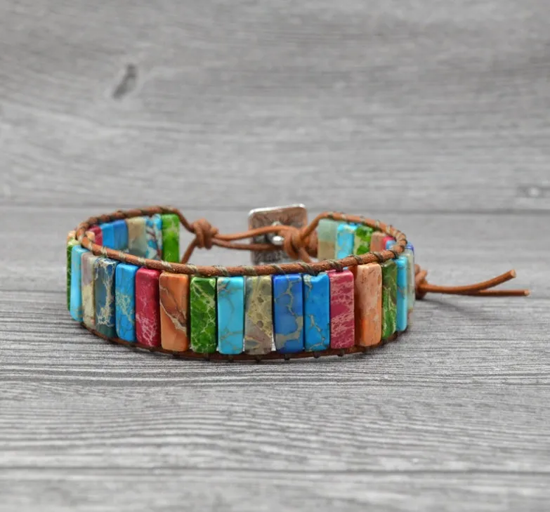 Colored Imperial Stone Hand-Woven Leather Bracelet: Ethnic Chic