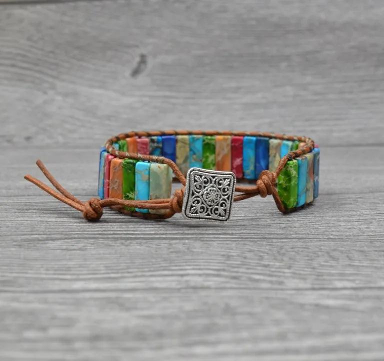 Colored Imperial Stone Hand-Woven Leather Bracelet: Ethnic Chic