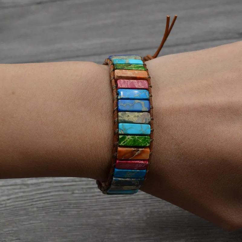 Colored Imperial Stone Hand-Woven Leather Bracelet: Ethnic Chic