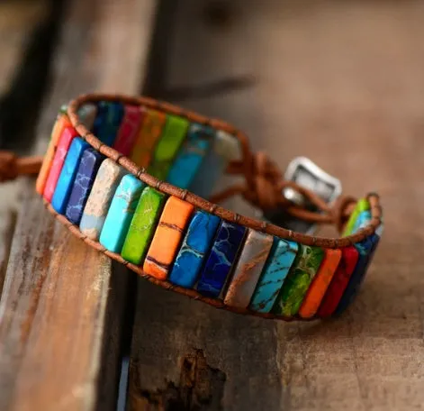 Colored Imperial Stone Hand-Woven Leather Bracelet: Ethnic Chic