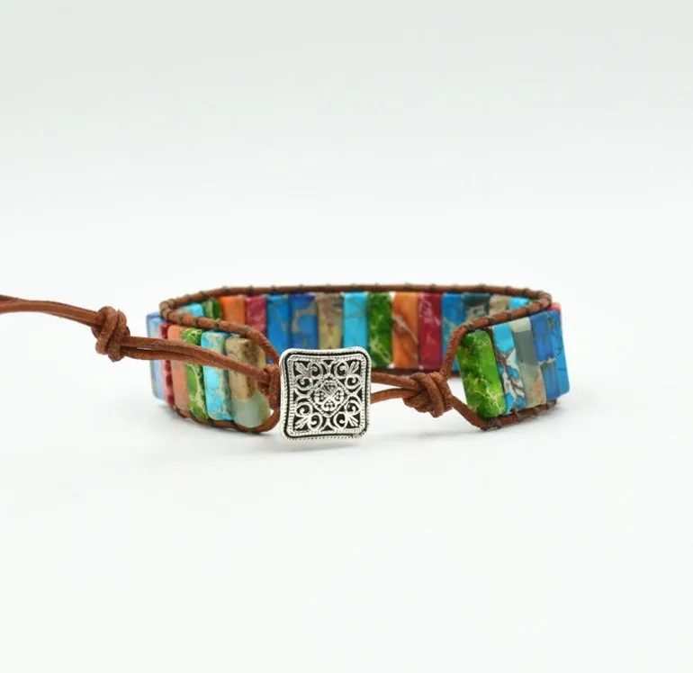 Colored Imperial Stone Hand-Woven Leather Bracelet: Ethnic Chic