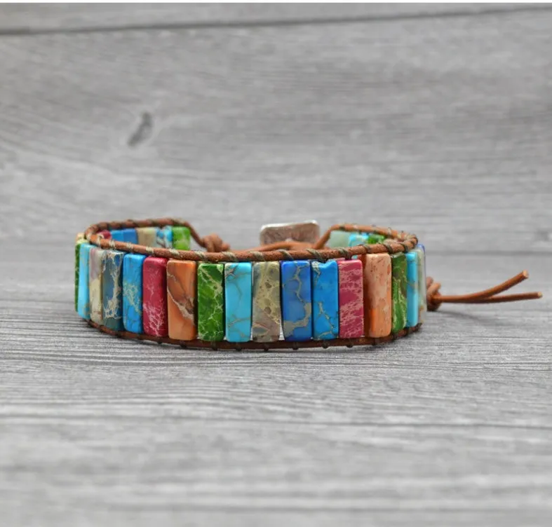 Colored Imperial Stone Hand-Woven Leather Bracelet: Ethnic Chic