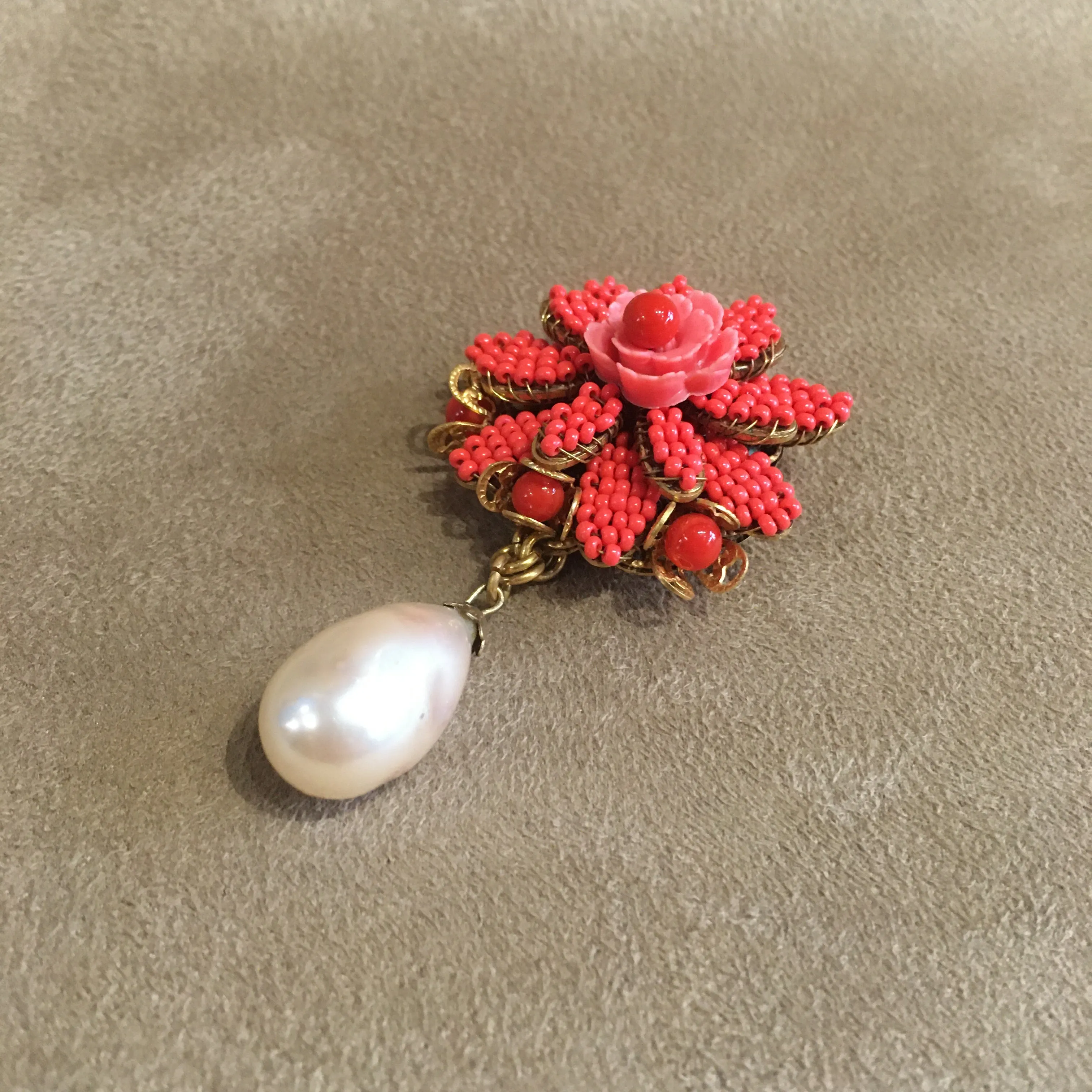 Coral Beads Baroque Pearl Drop Brooch Unsigned Hagler