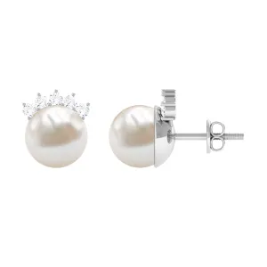 Crown Freshwater Pearl Stud Earring with Shiny Diamond