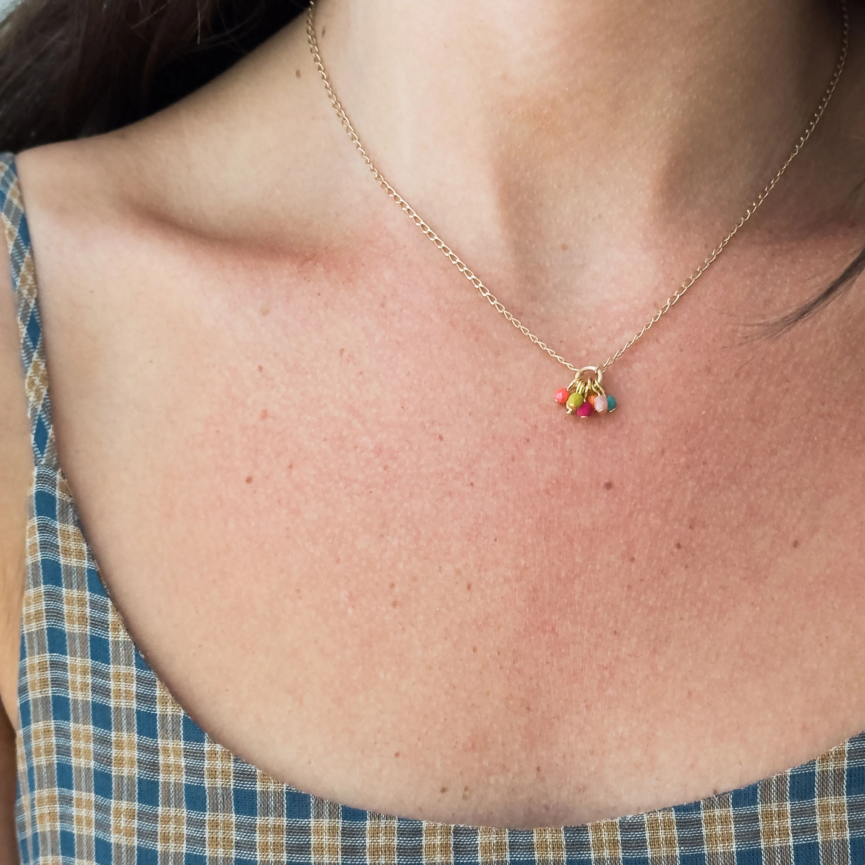 Dainty Gold Plated Necklace With Tiny Beaded Cluster Pendant