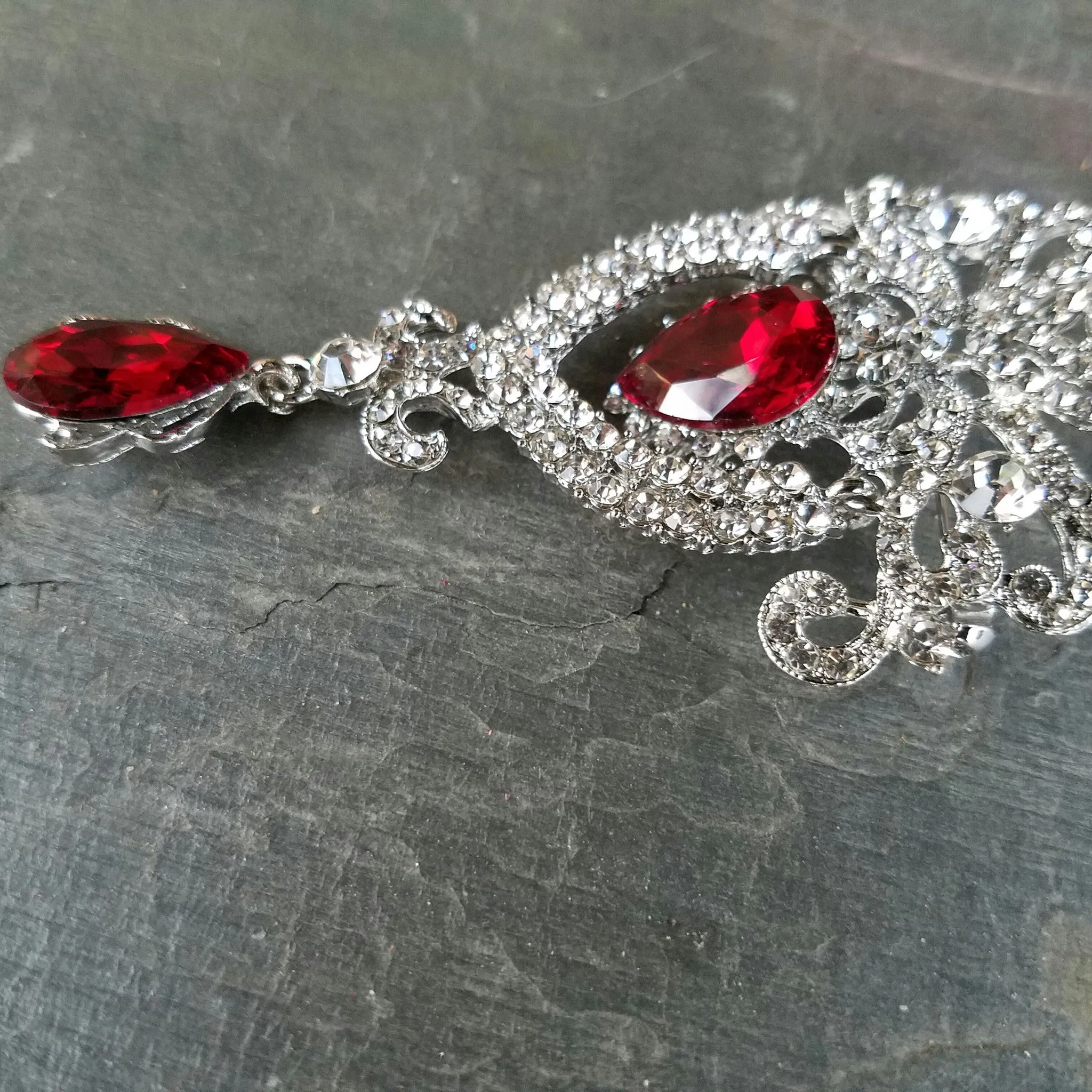 Dangling Red and Clear Rhinestone Brooch