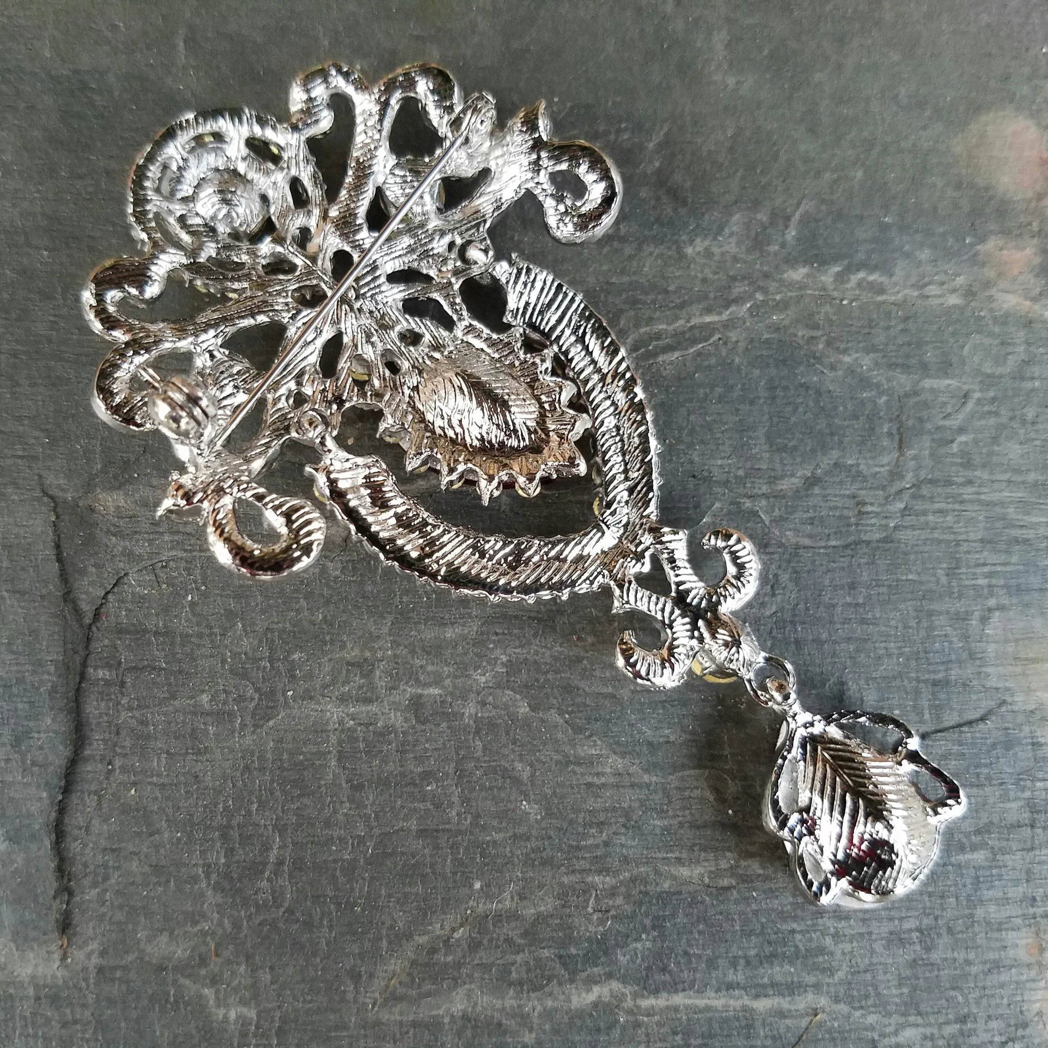 Dangling Red and Clear Rhinestone Brooch