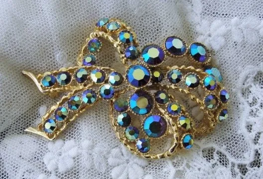 DAZZLING Vintage Brooch Large BOW Statement Pin Vintage Costume Rhinestone Jewelry