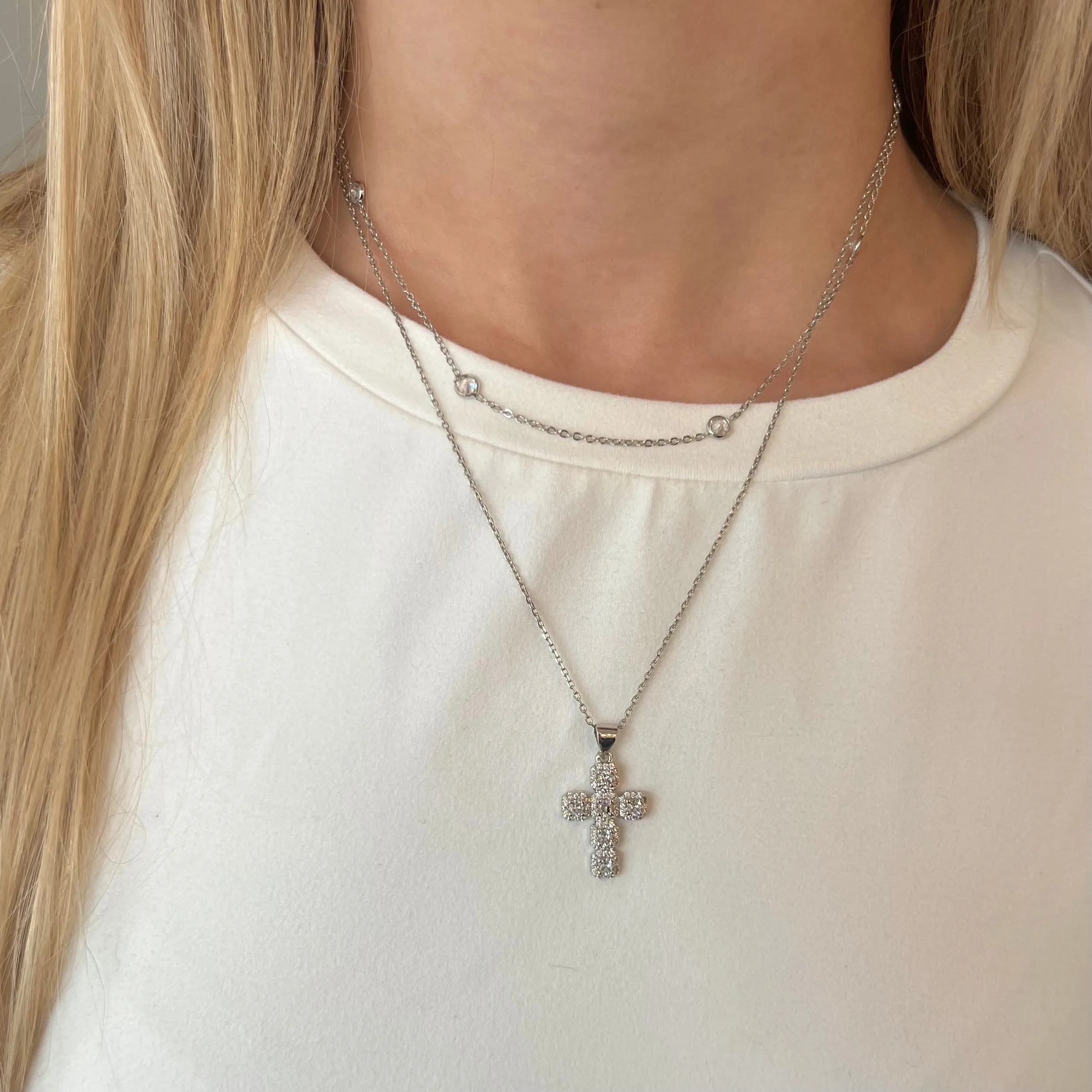 Diamond Cross Adjustable Necklace-Silver