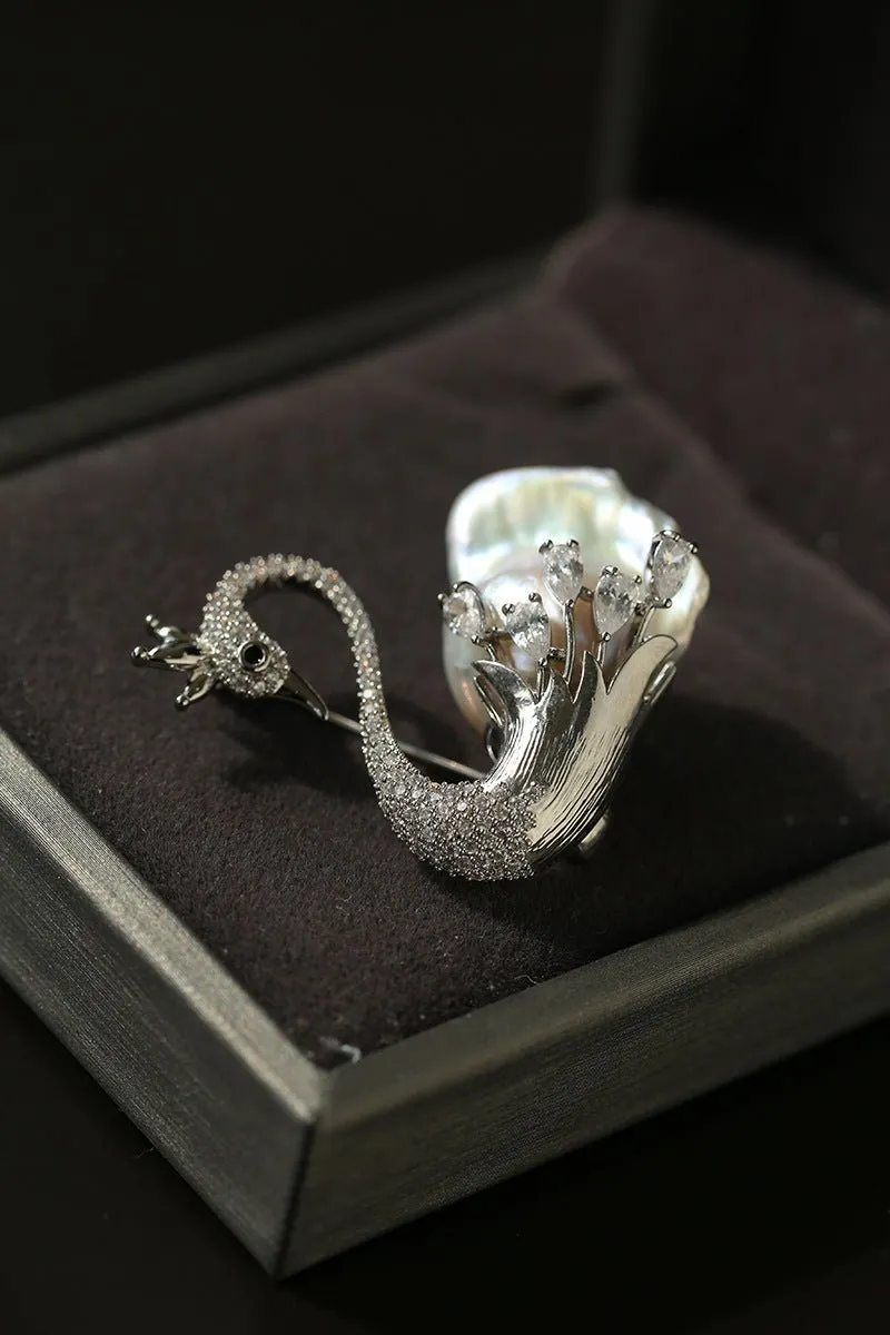 Diamond Swan Baroque Pearl Brooch