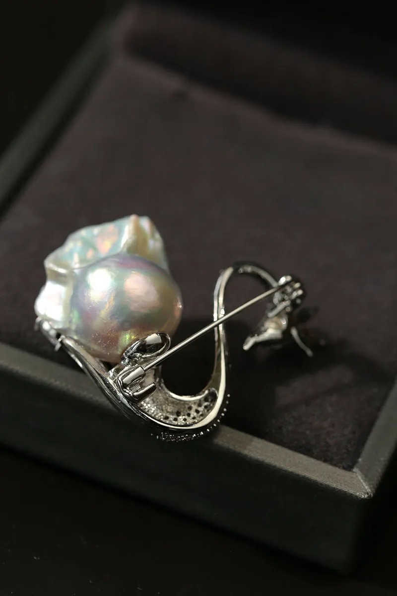 Diamond Swan Baroque Pearl Brooch