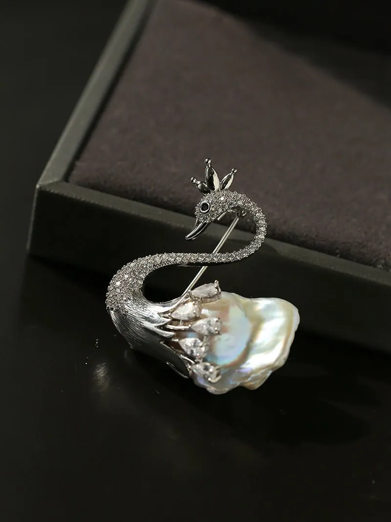 Diamond Swan Baroque Pearl Brooch