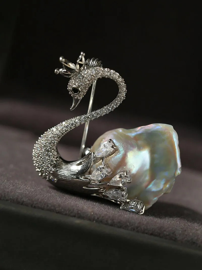 Diamond Swan Baroque Pearl Brooch