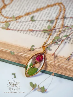 Dried rose bud resin pendant necklace