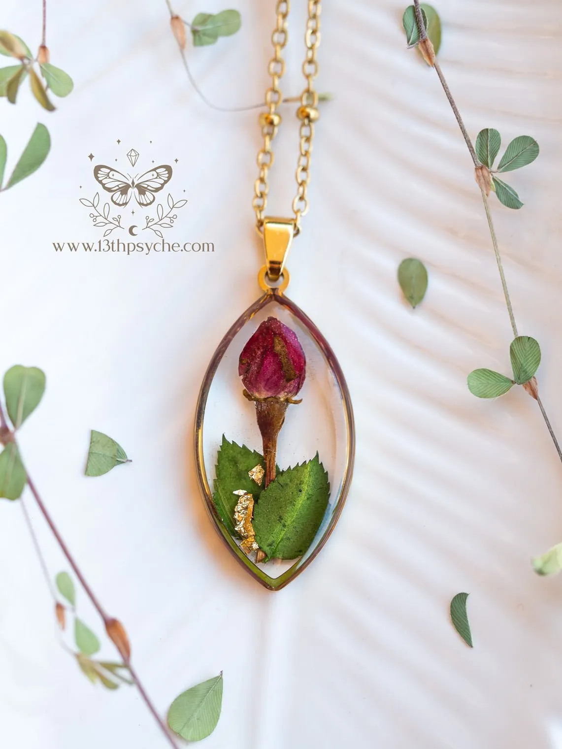 Dried rose bud resin pendant necklace