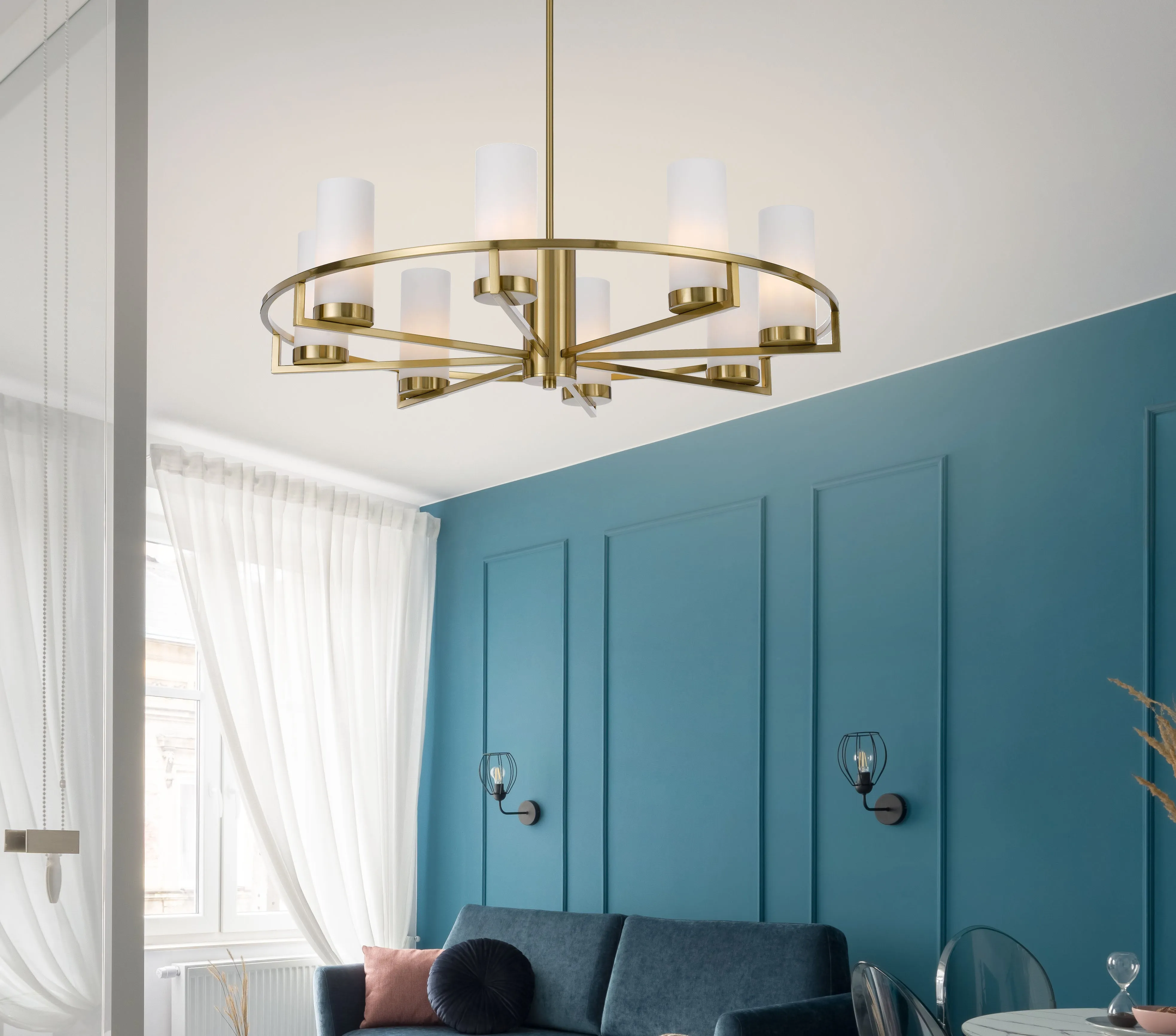 Eamon 8 Light Brass and Opal Glass Industrial Pendant