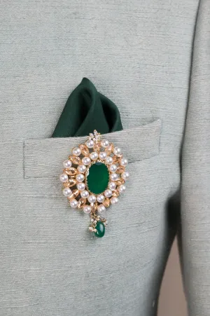 Emerald Stone and Pearl Encrusted Brooch