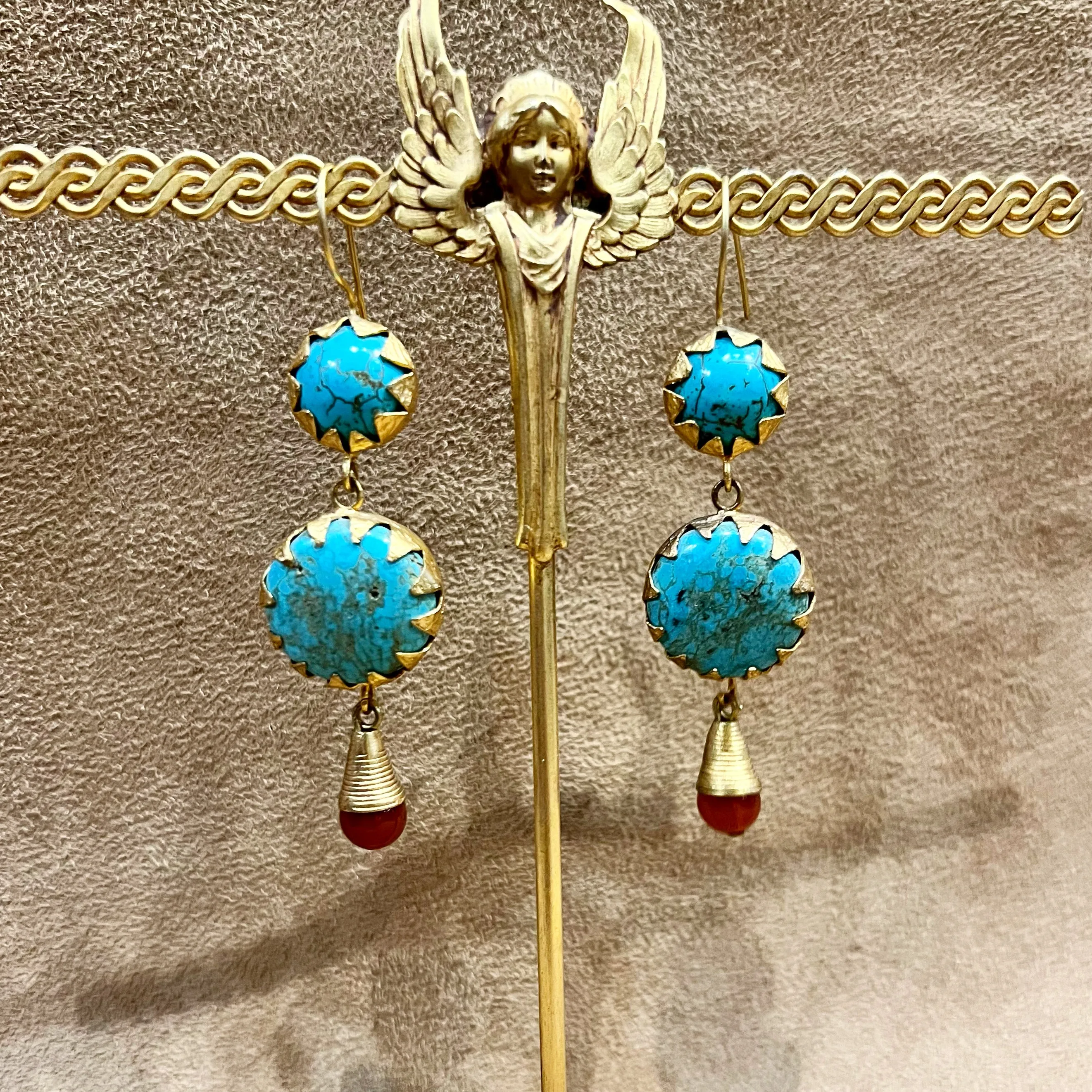 Etruscan style turquoise and carnelian gold drop earrings